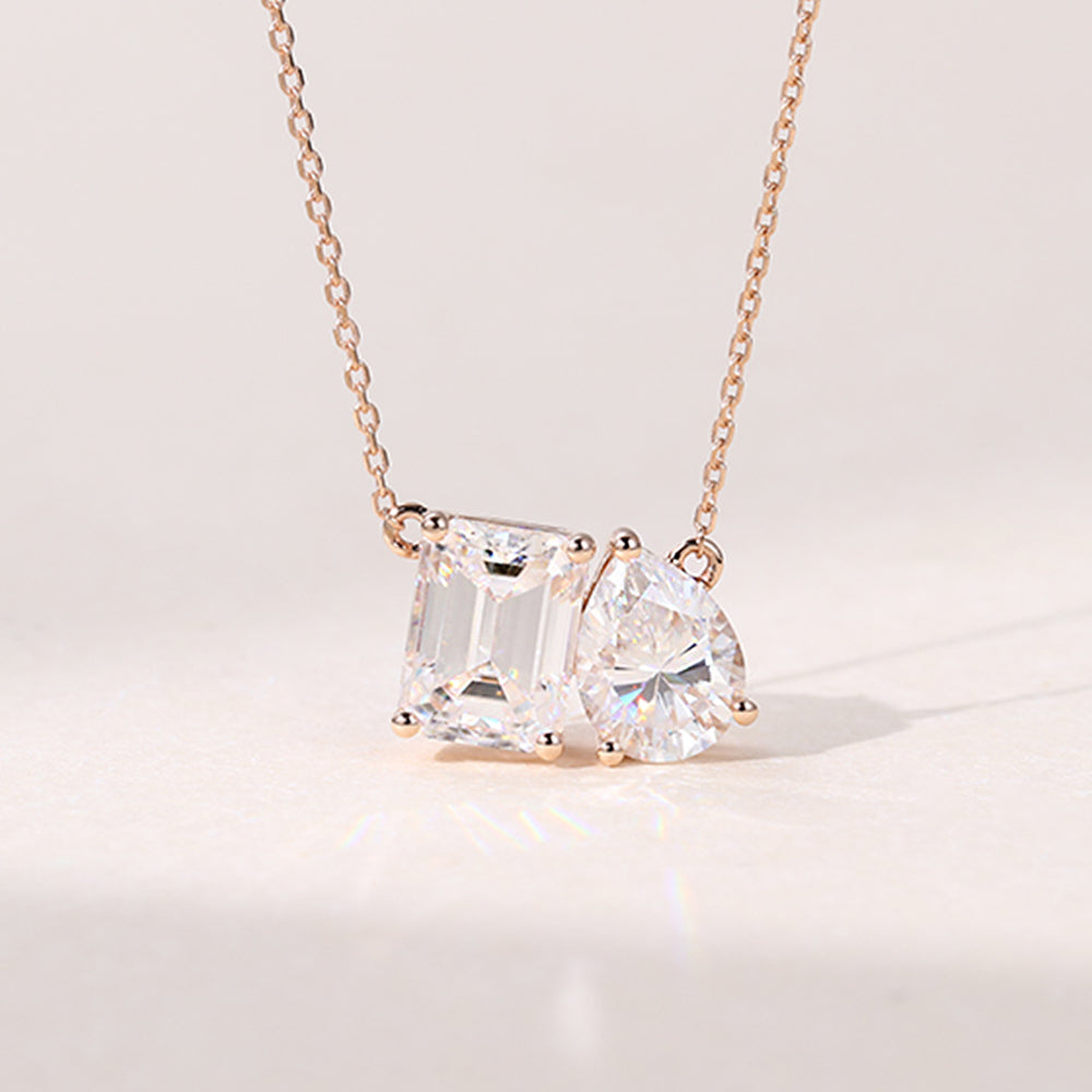 3.0 TCW Emerald & Pear Moissanite Diamond Two Stone Pendant Necklace in Solid Gold 1