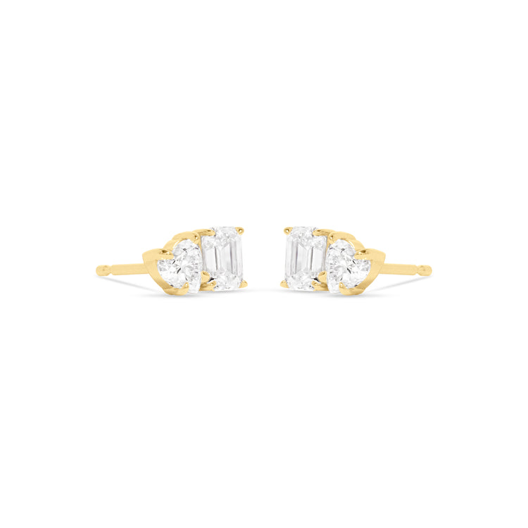 3.0 TCW Heart & Emerald Cut Moissanite Two Stone Stud Earrings in Gold 2