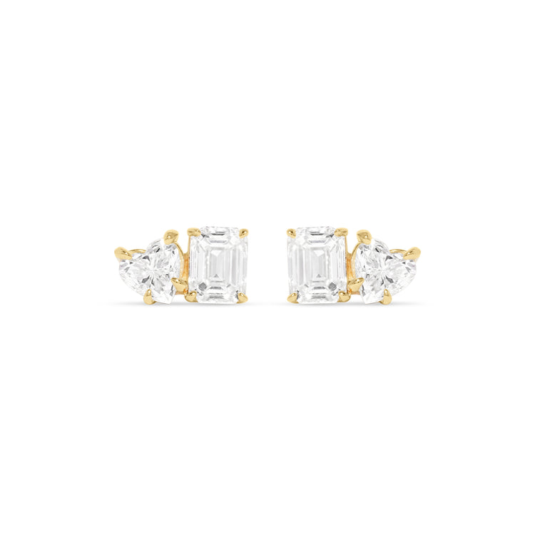 3.0 TCW Heart & Emerald Cut Moissanite Two Stone Stud Earrings in Gold 1