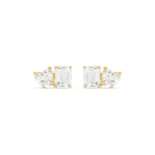 3.0 TCW Heart & Emerald Cut Moissanite Two Stone Stud Earrings in Gold 1
