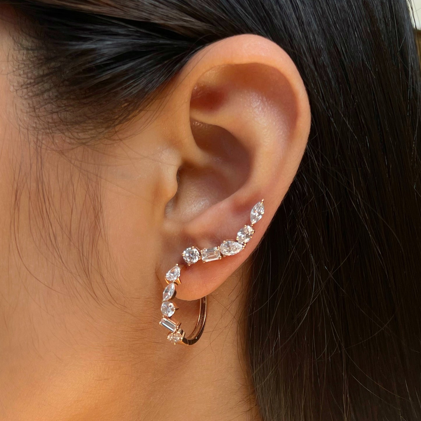 1.50 TCW Round, Marquise, Pear & Baguette Cut Moissanite Hoops Earrings in Gold 1