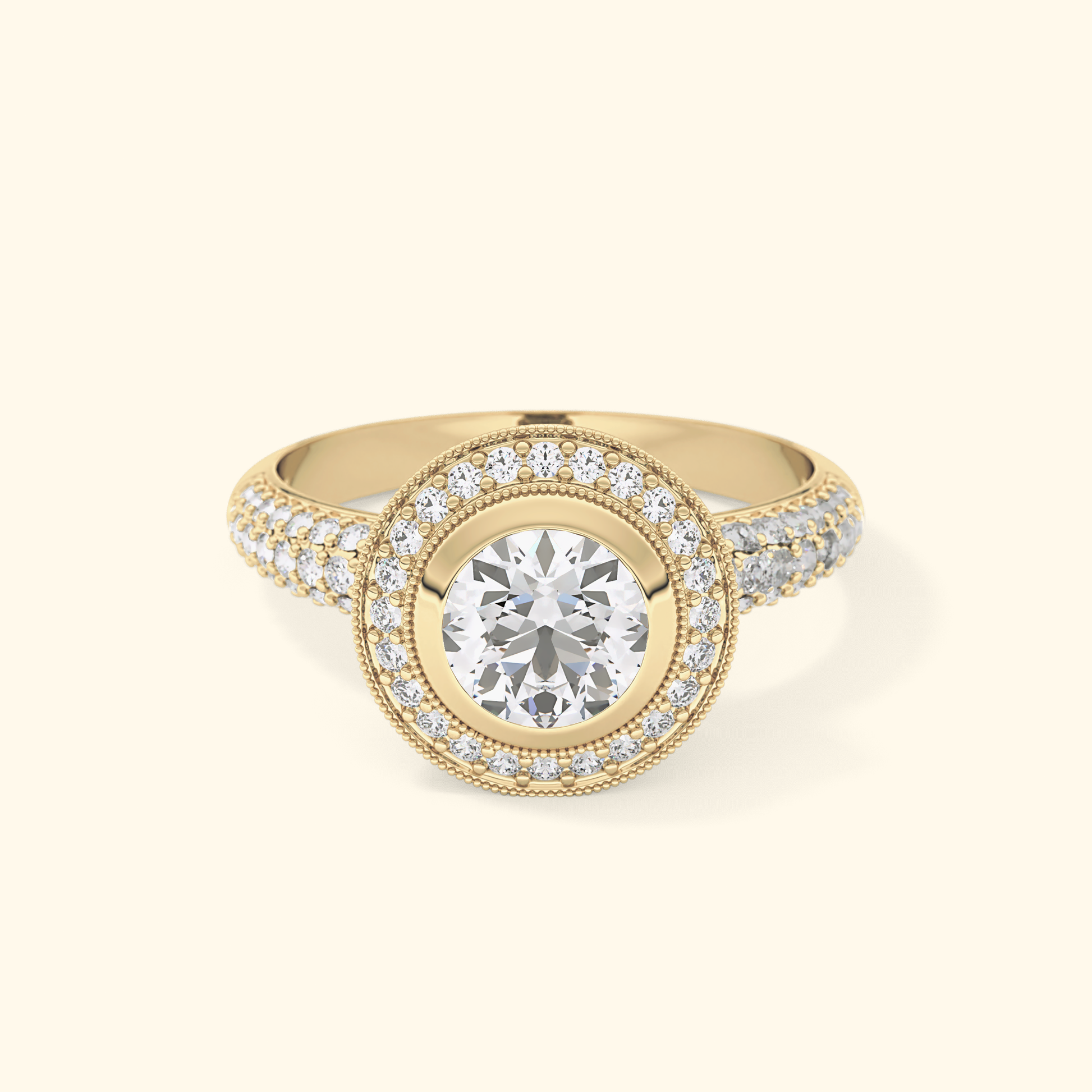 Round Moissanite Halo Engagement Ring – 0.09 CT Center Stone with Pave Band in Solid Gold