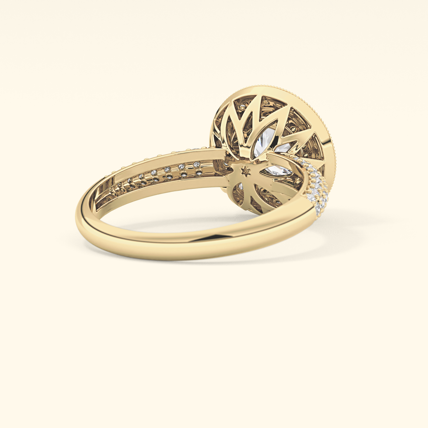 Round Moissanite Halo Engagement Ring – 0.09 CT Center Stone with Pave Band in Solid Gold