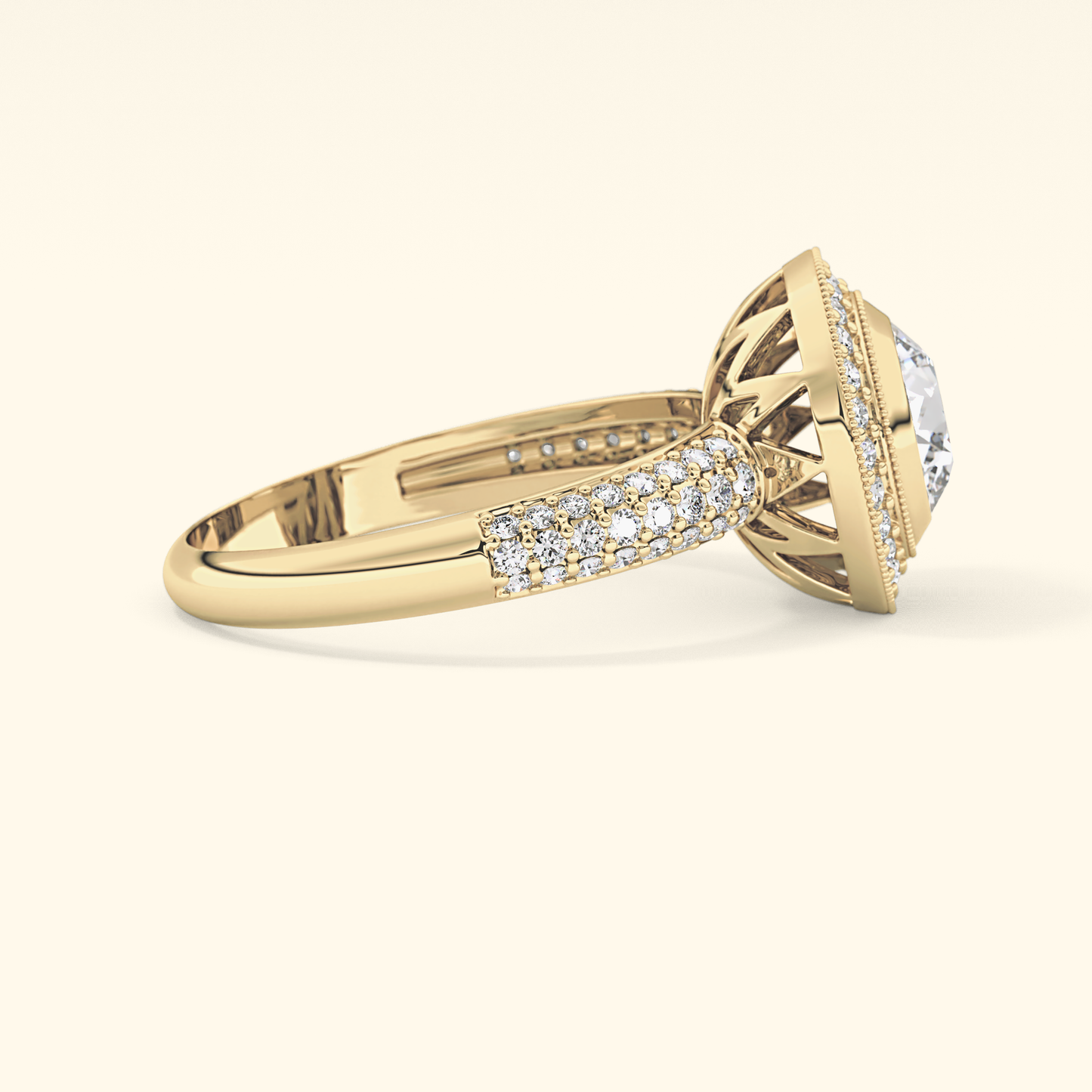 Round Moissanite Halo Engagement Ring – 0.09 CT Center Stone with Pave Band in Solid Gold