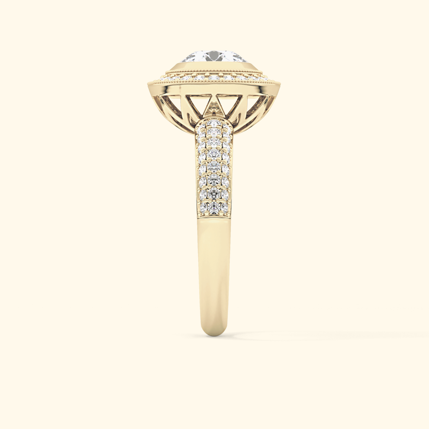 Round Moissanite Halo Engagement Ring – 0.09 CT Center Stone with Pave Band in Solid Gold