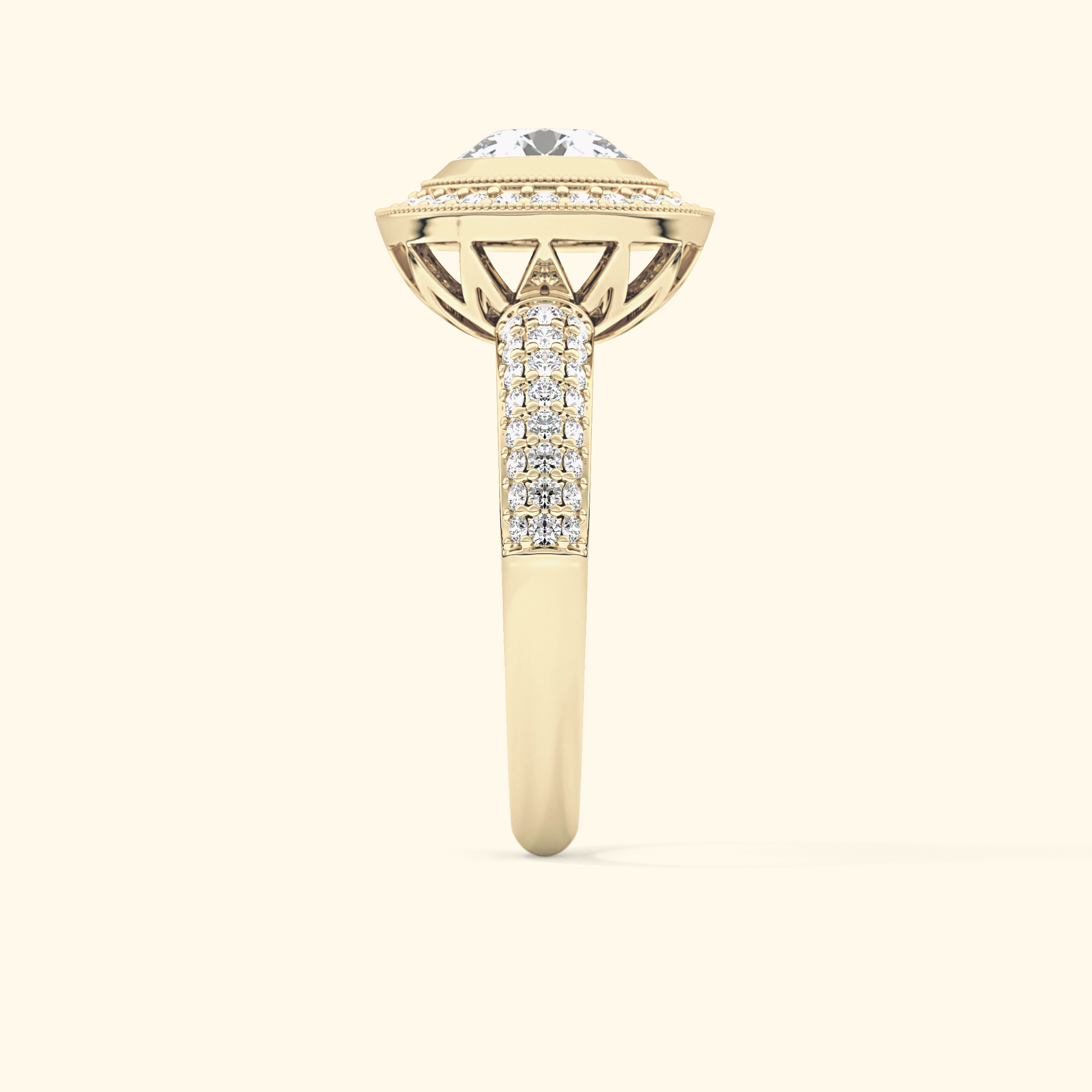 Round Moissanite Halo Engagement Ring – 0.09 CT Center Stone with Pave Band in Solid Gold