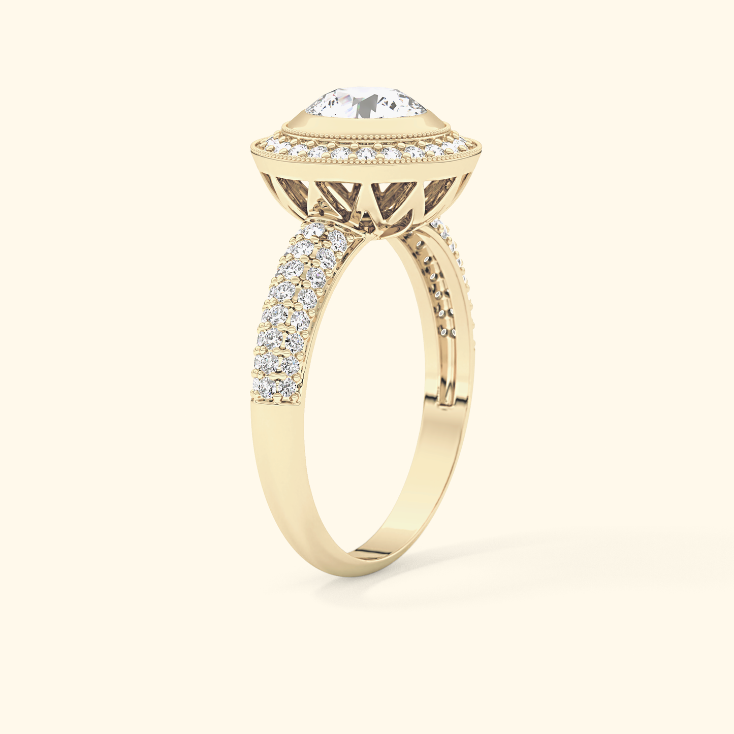 Round Moissanite Halo Engagement Ring – 0.09 CT Center Stone with Pave Band in Solid Gold