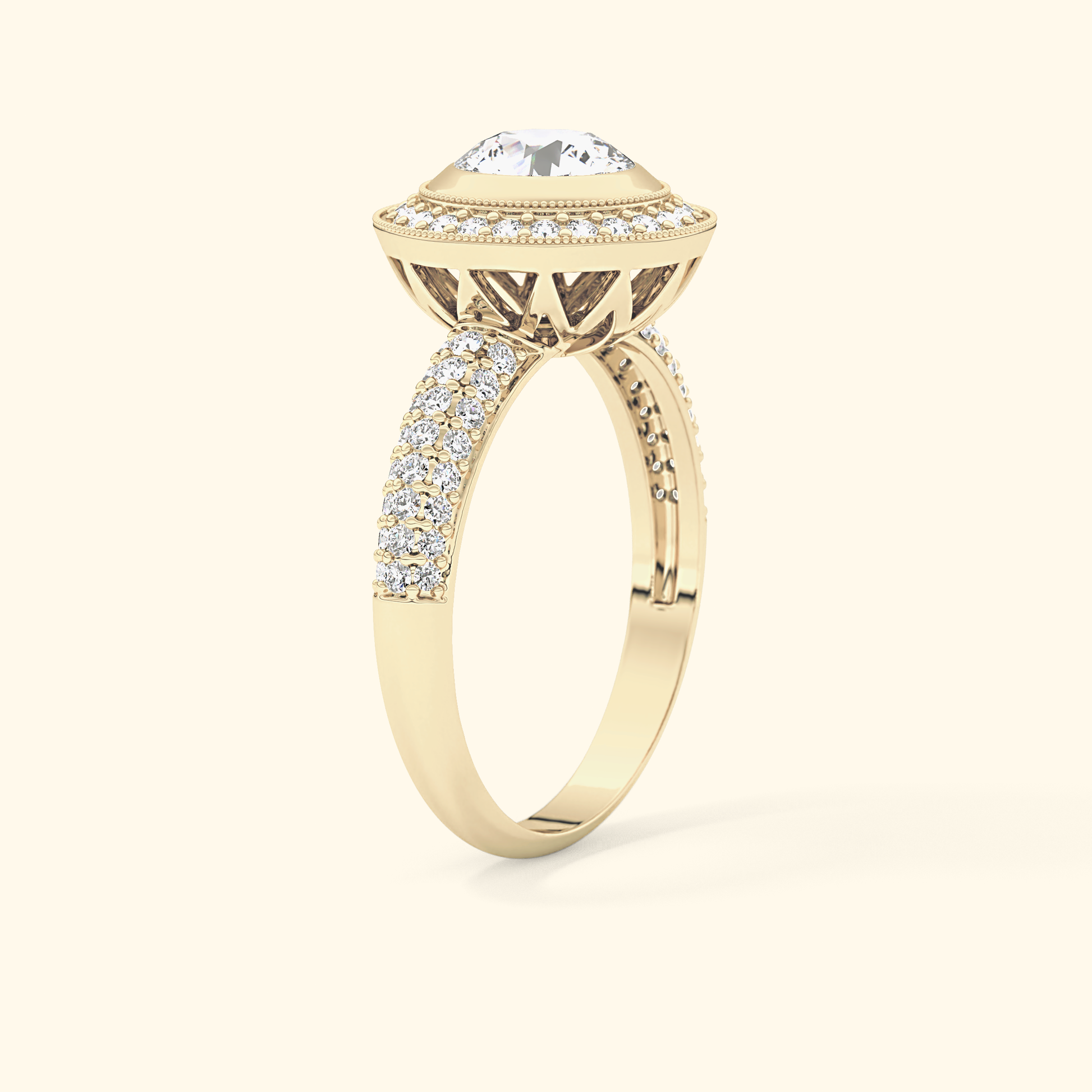Round Moissanite Halo Engagement Ring – 0.09 CT Center Stone with Pave Band in Solid Gold