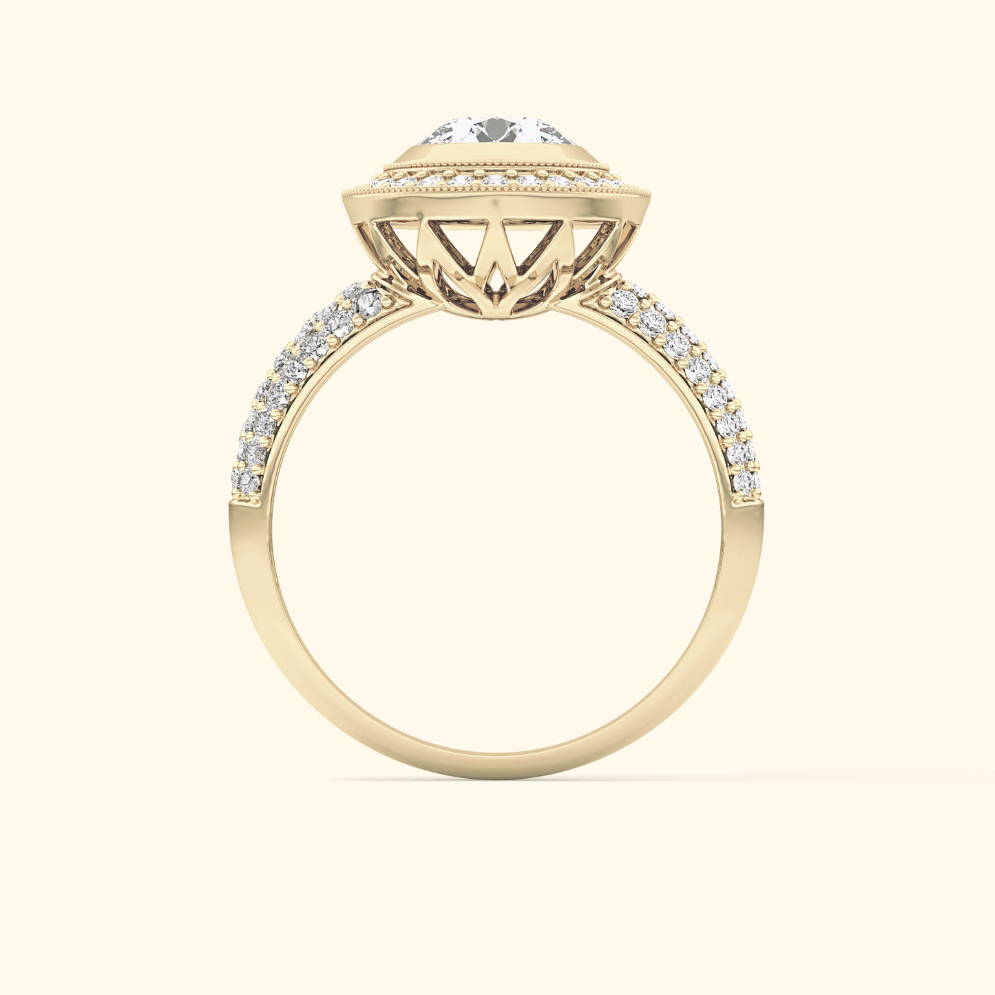 Round Moissanite Halo Engagement Ring – 0.09 CT Center Stone with Pave Band in Solid Gold