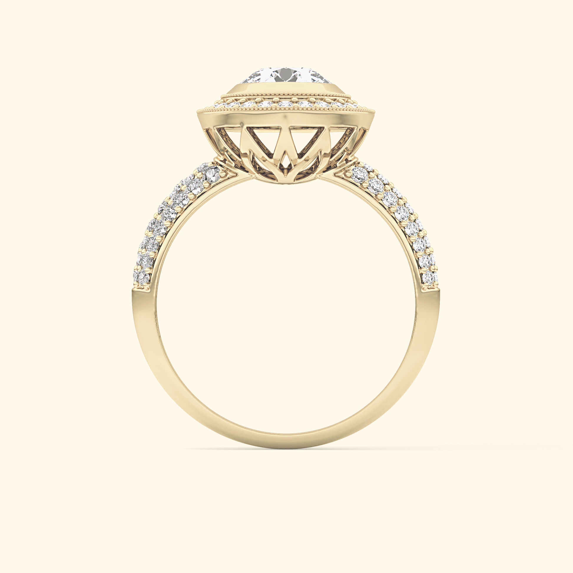 Round Moissanite Halo Engagement Ring – 0.09 CT Center Stone with Pave Band in Solid Gold