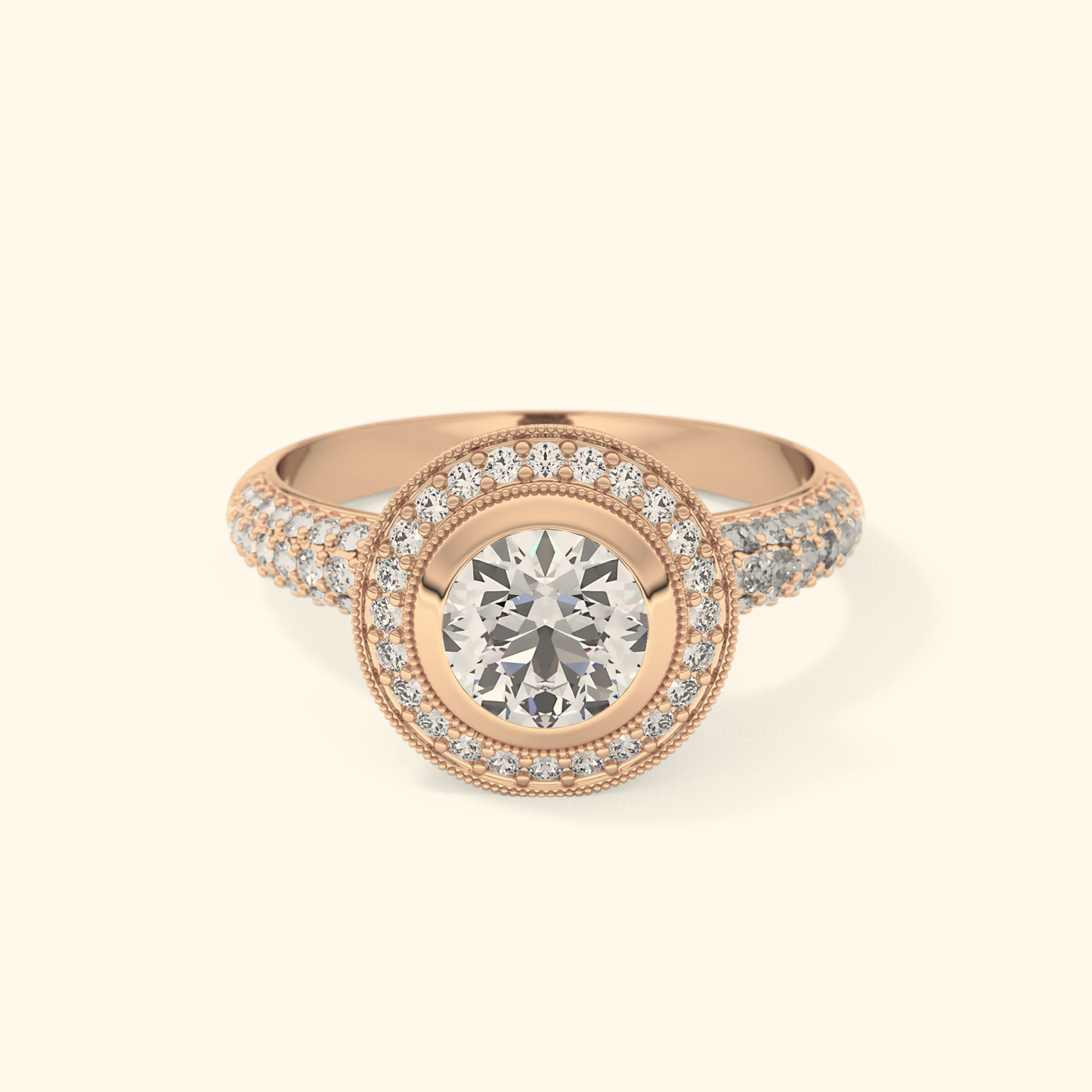 Round Moissanite Halo Engagement Ring – 0.09 CT Center Stone with Pave Band in Solid Gold