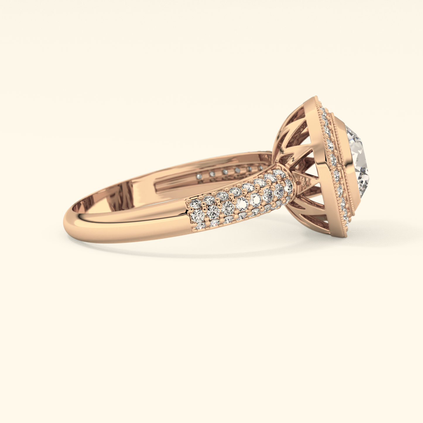 Round Moissanite Halo Engagement Ring – 0.09 CT Center Stone with Pave Band in Solid Gold