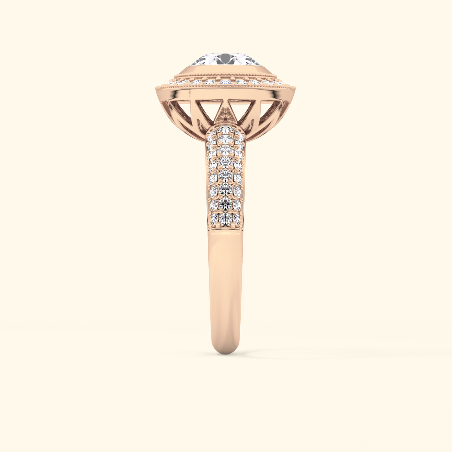 Round Moissanite Halo Engagement Ring – 0.09 CT Center Stone with Pave Band in Solid Gold