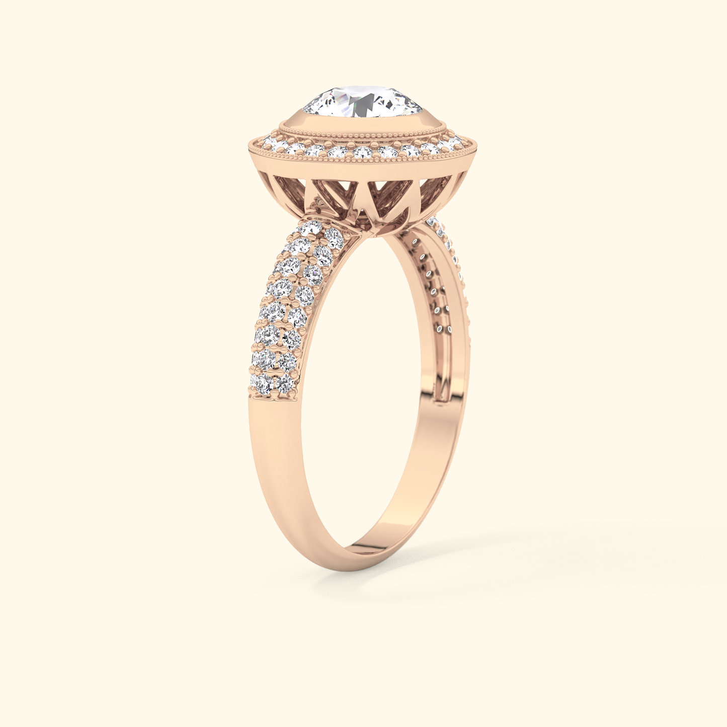 Round Moissanite Halo Engagement Ring – 0.09 CT Center Stone with Pave Band in Solid Gold