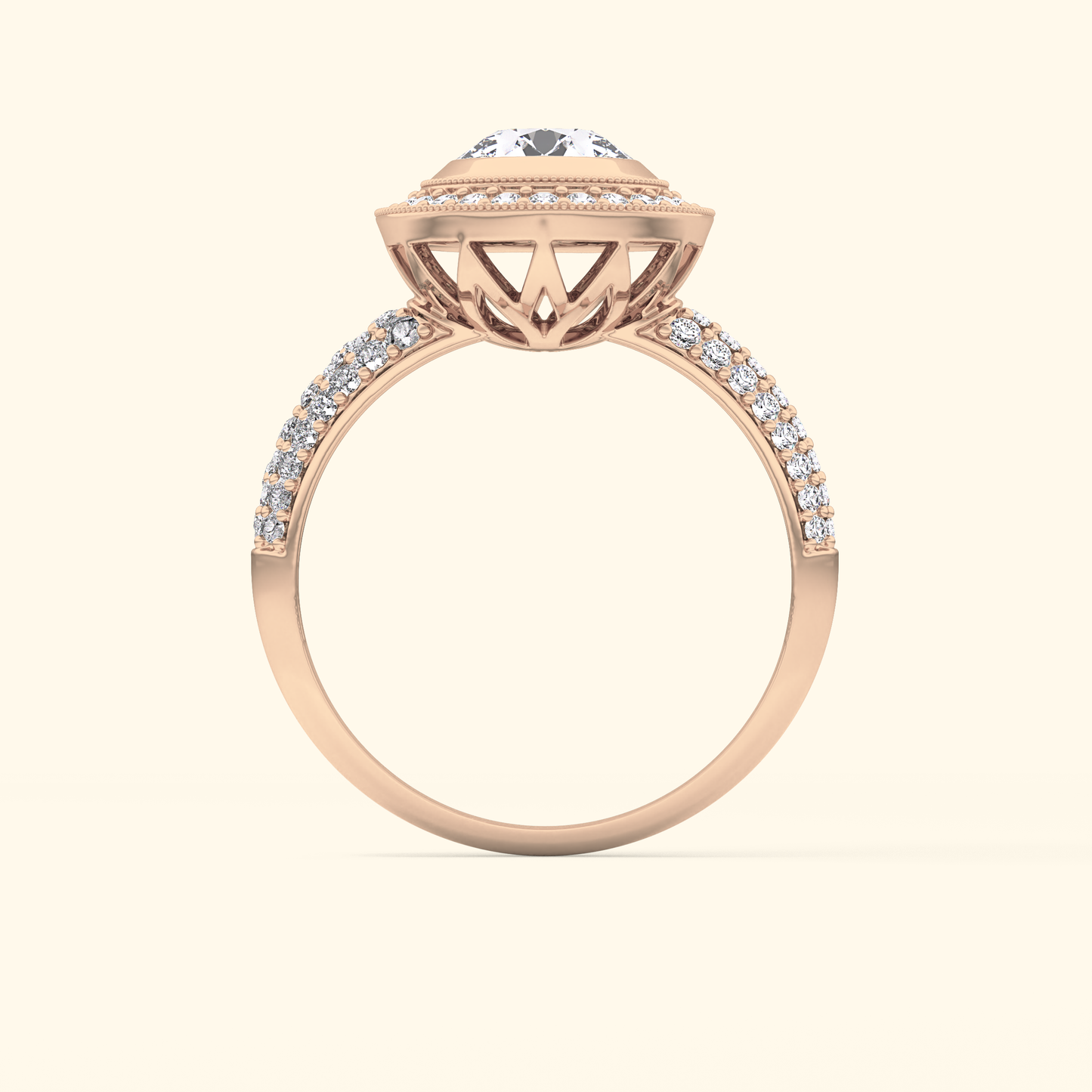 Round Moissanite Halo Engagement Ring – 0.09 CT Center Stone with Pave Band in Solid Gold