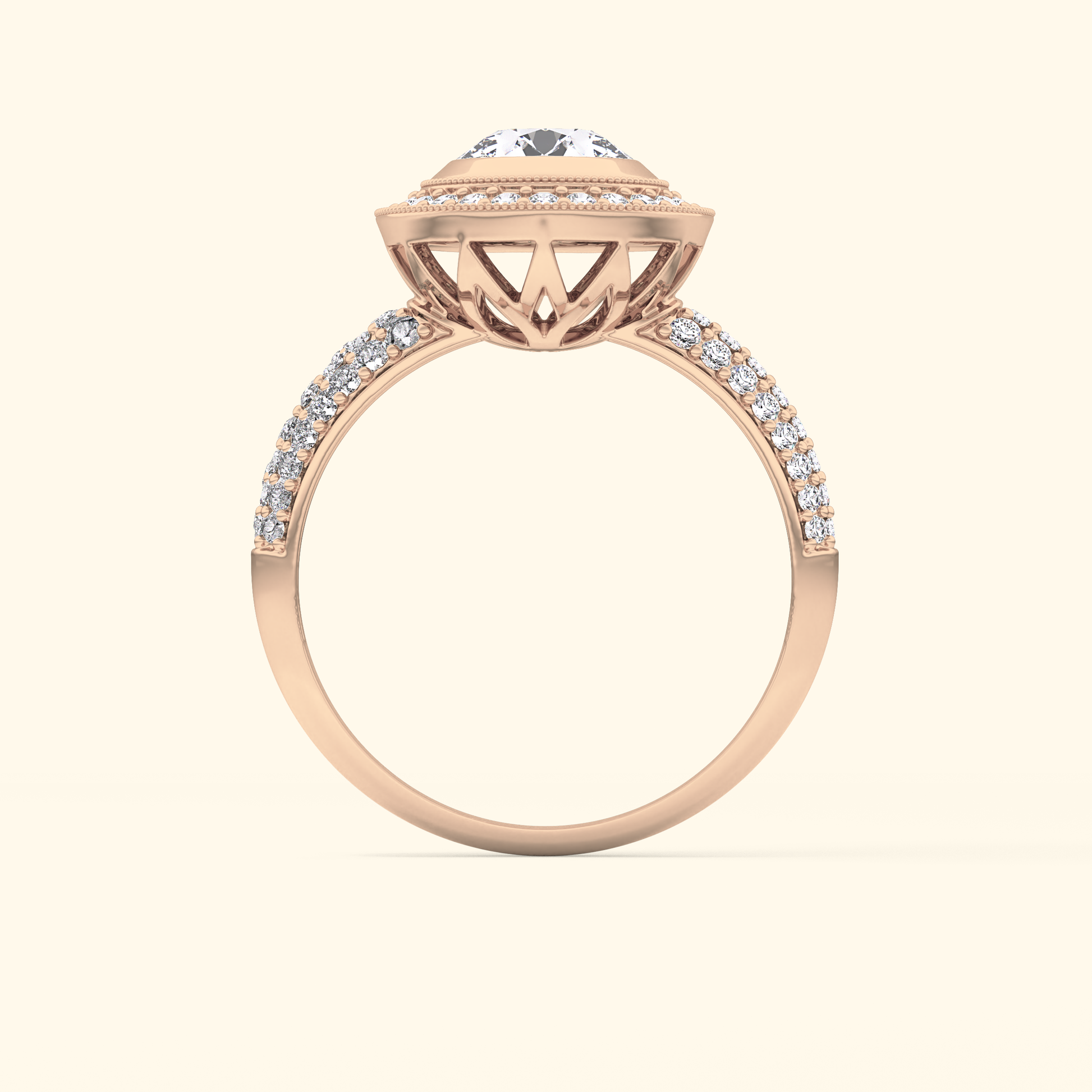 Round Moissanite Halo Engagement Ring – 0.09 CT Center Stone with Pave Band in Solid Gold