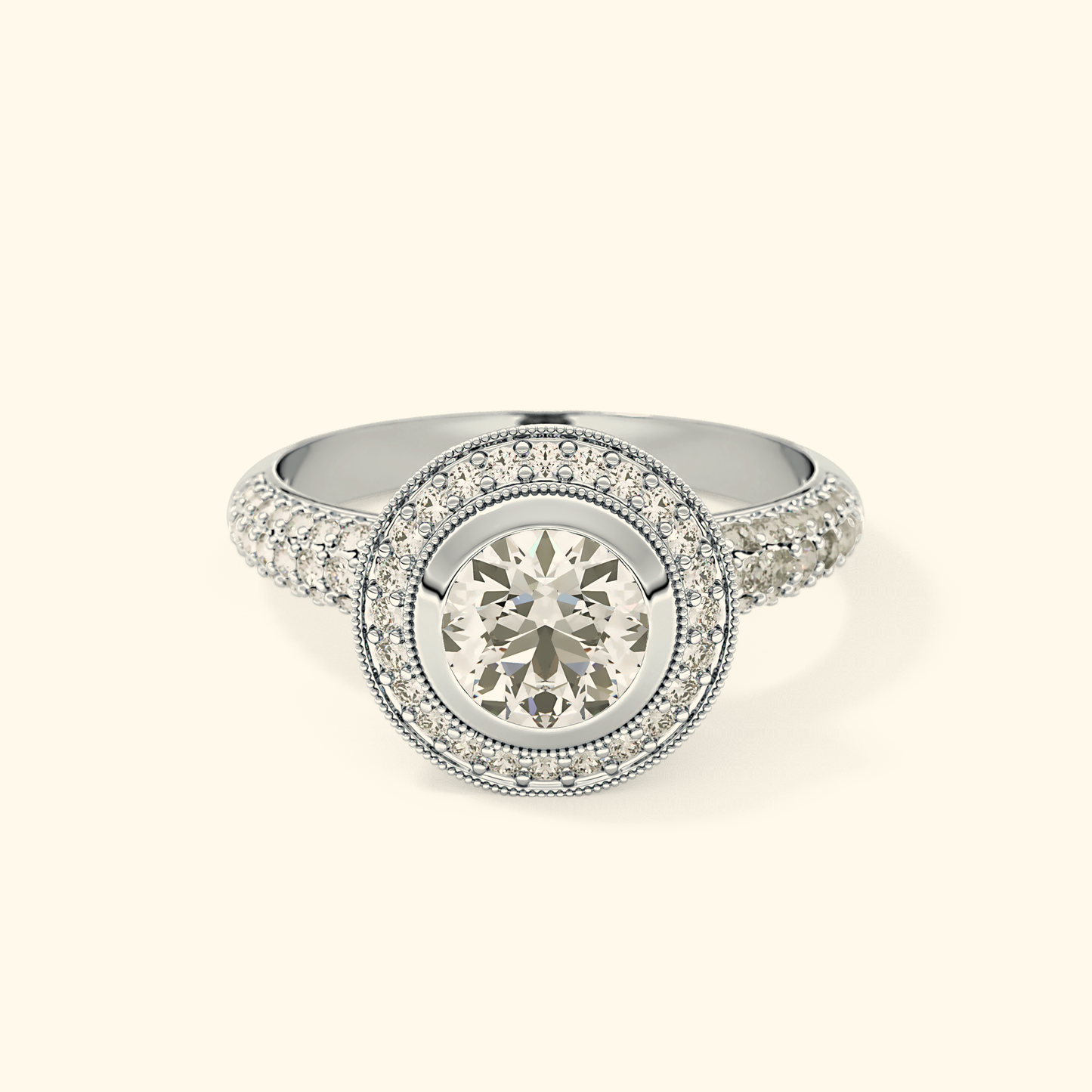 Round Moissanite Halo Engagement Ring – 0.09 CT Center Stone with Pave Band in Solid Gold