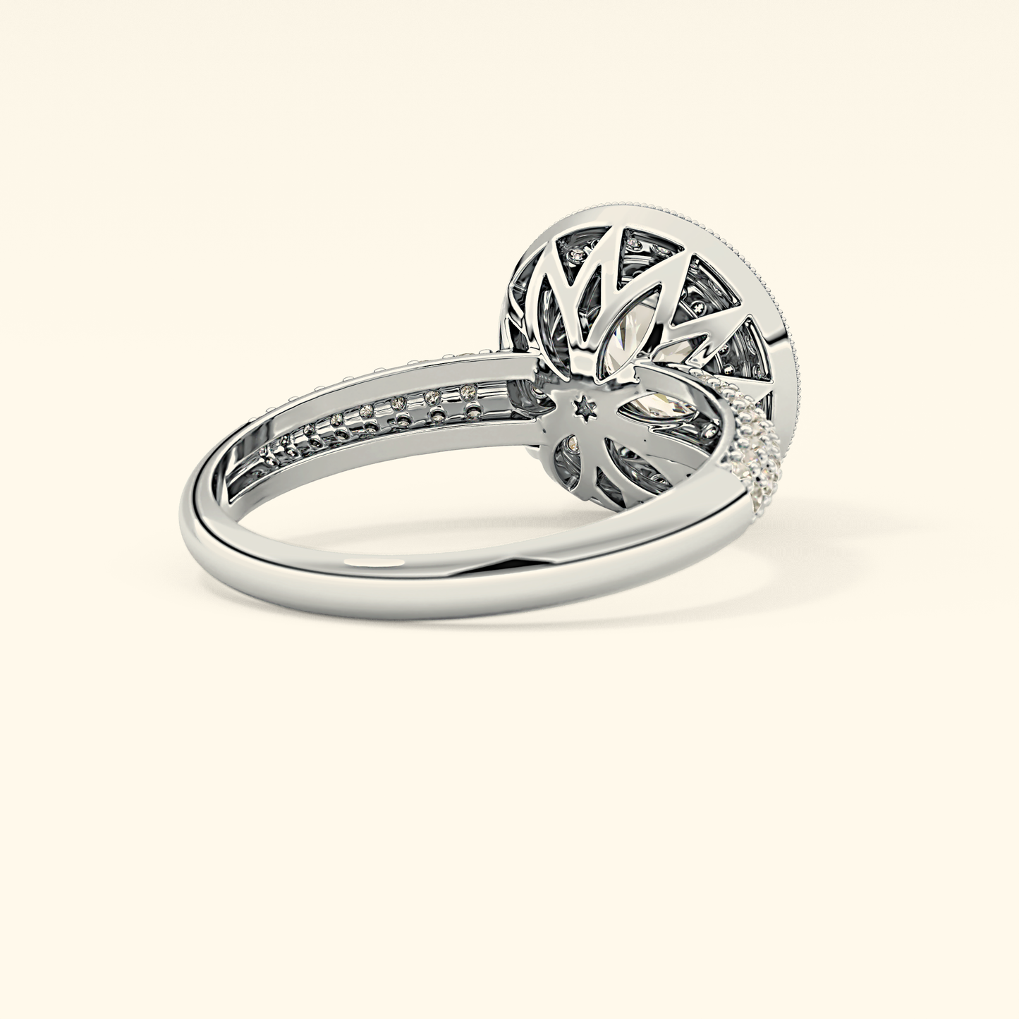 Round Moissanite Halo Engagement Ring – 0.09 CT Center Stone with Pave Band in Solid Gold