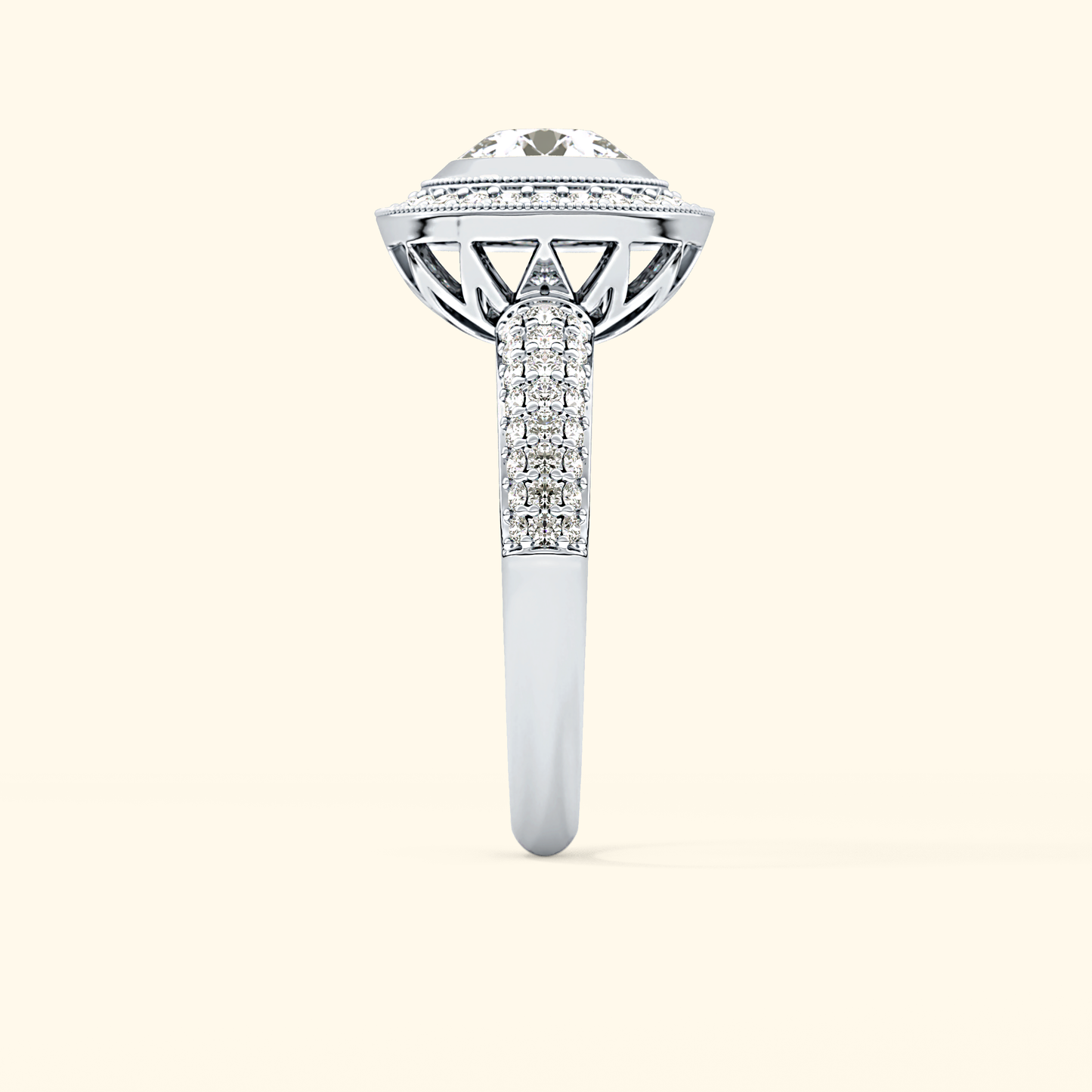 Round Moissanite Halo Engagement Ring – 0.09 CT Center Stone with Pave Band in Solid Gold