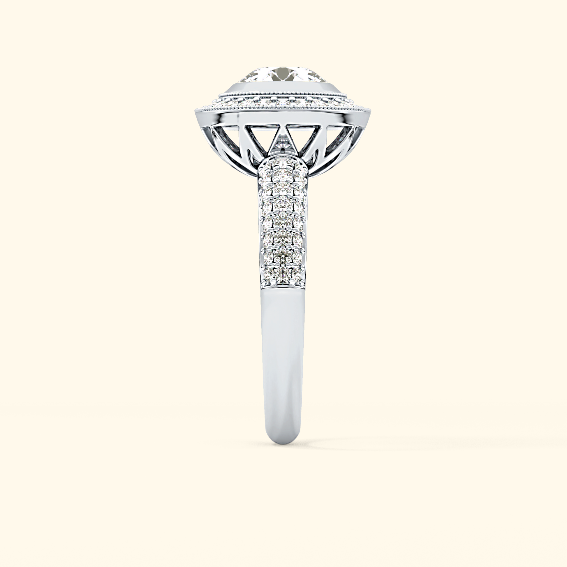 Round Moissanite Halo Engagement Ring – 0.09 CT Center Stone with Pave Band in Solid Gold