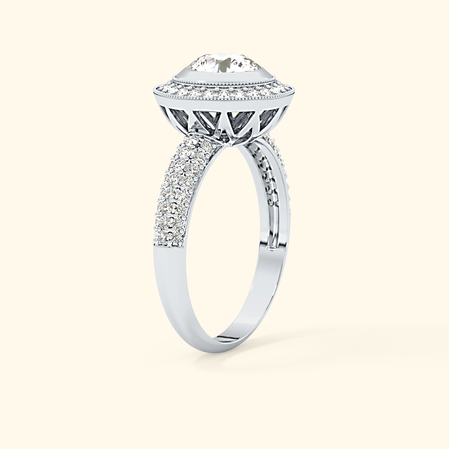 Round Moissanite Halo Engagement Ring – 0.09 CT Center Stone with Pave Band in Solid Gold