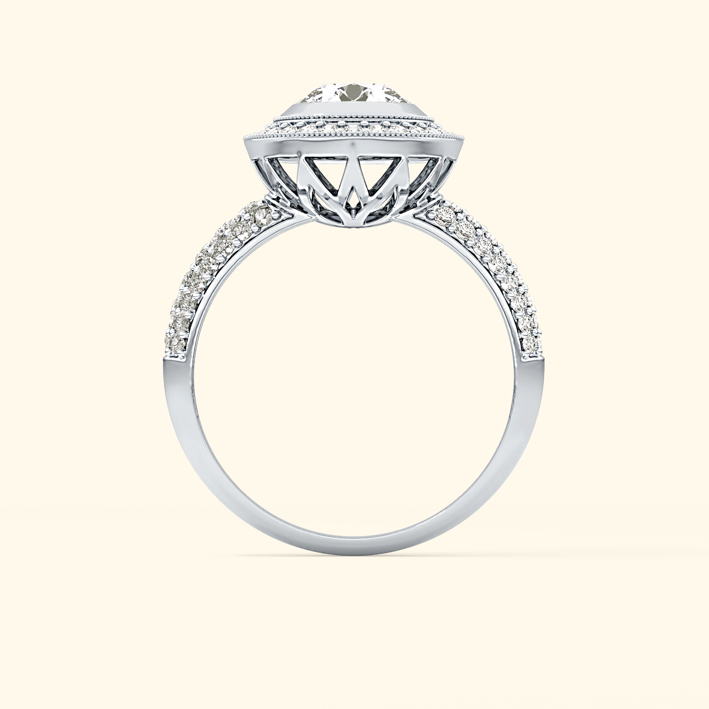 Round Moissanite Halo Engagement Ring – 0.09 CT Center Stone with Pave Band in Solid Gold