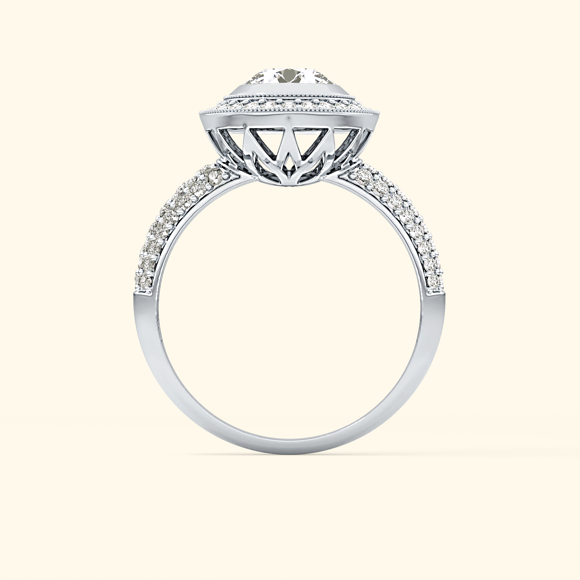 Round Moissanite Halo Engagement Ring – 0.09 CT Center Stone with Pave Band in Solid Gold
