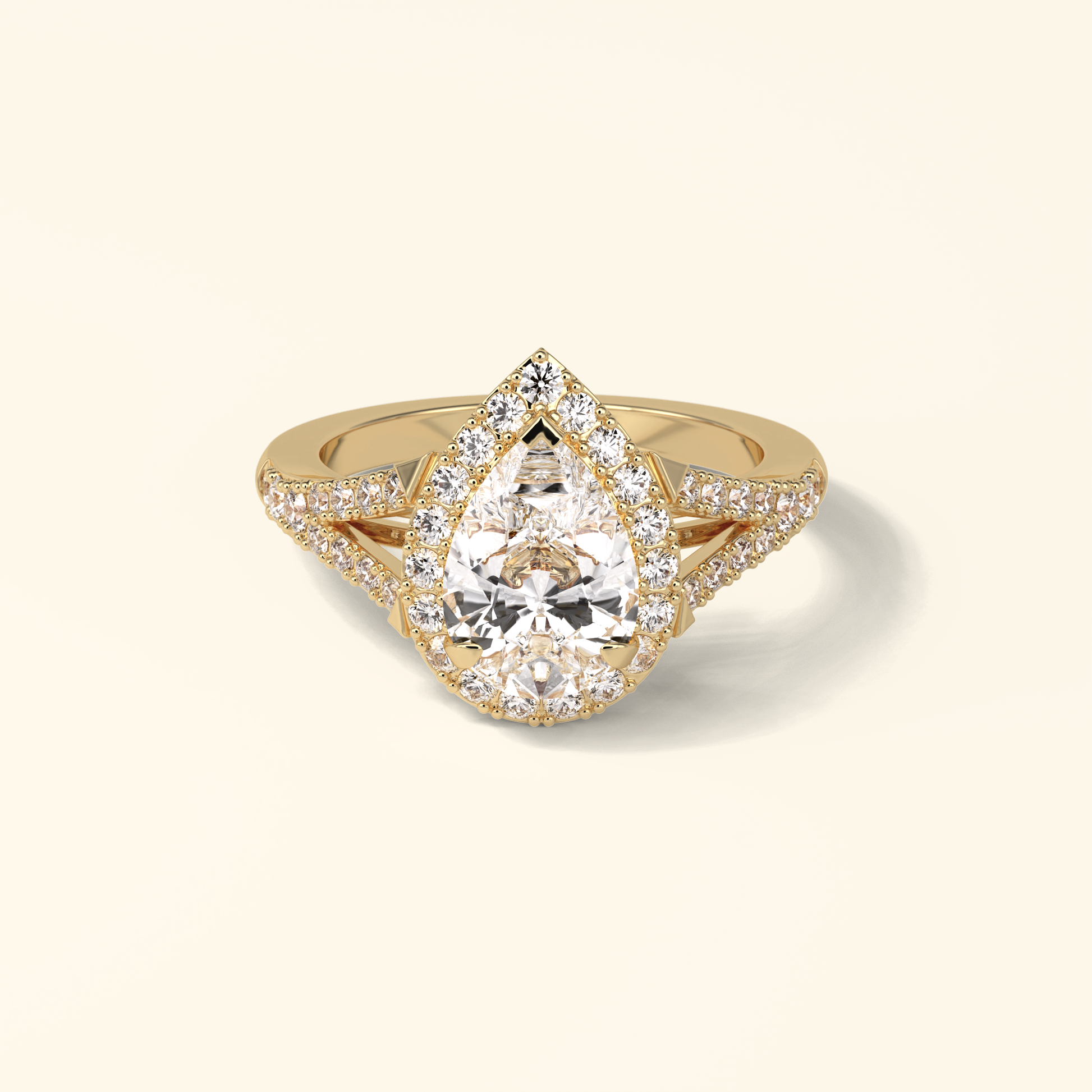 Pear Moissanite Halo Engagement Ring – 3.1 CT Center Stone with Split Shank Band in Solid Gold
