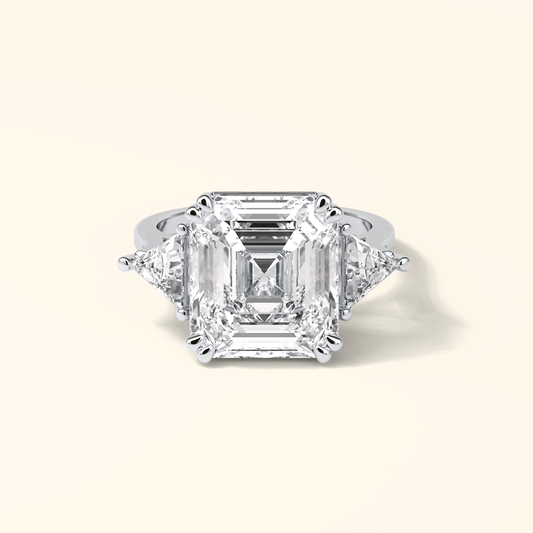Asscher Moissanite Three Stones Engagement Ring – 6.34 CT Center Stone in Solid Gold