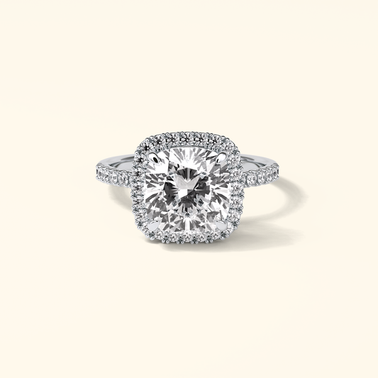 Cushion Moissanite Halo Engagement Ring – 3.0 CT Center Stone with Pave Band in Solid Gold