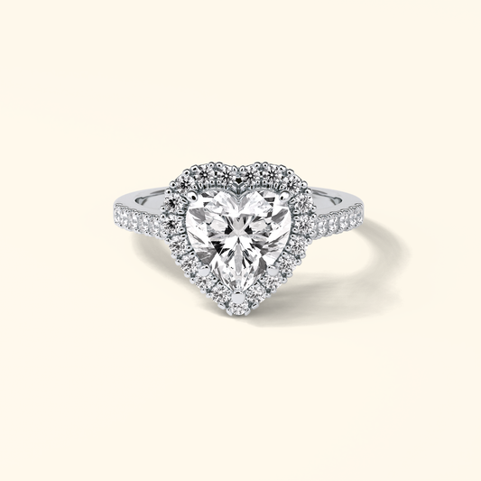 Heart Moissanite Halo Engagement Ring – 2.0 CT Center Stone with Pave Band in Solid Gold