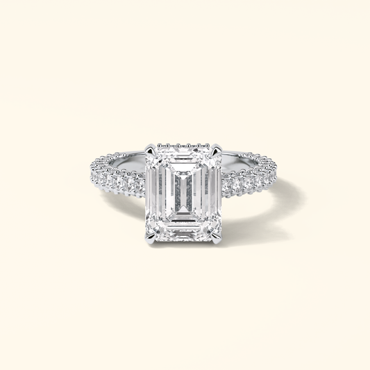 Emerald Moissanite Hidden Halo Engagement Ring – 3.24 CT Center Stone with Pave Band in Solid Gold