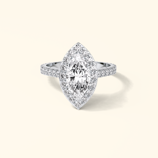 Marquise Moissanite Hidden Halo Engagement Ring – 1.58 CT Center Stone with Pave Band in Solid Gold