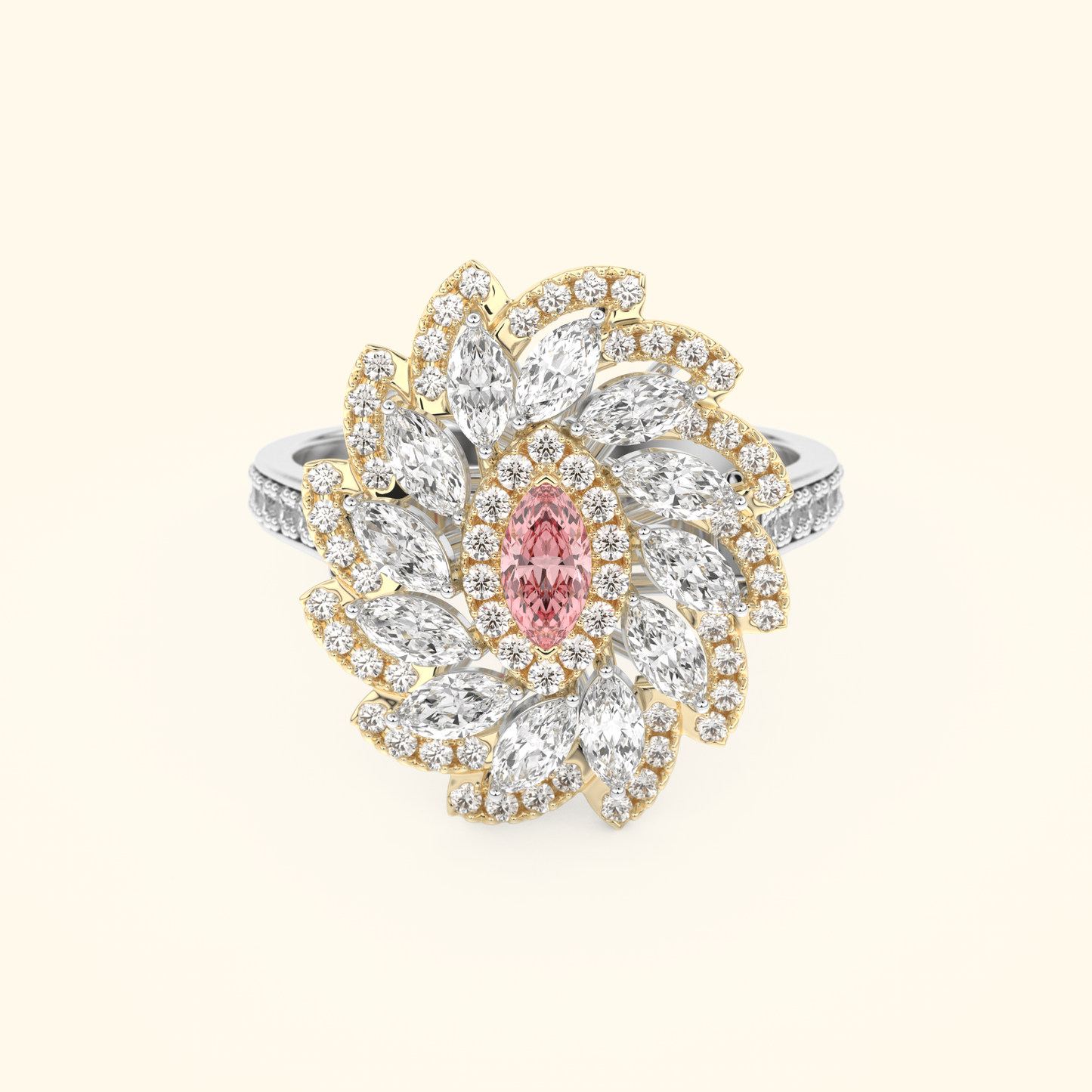 Marquise Moissanite Cluster Engagement Ring – 0.18 CT Center Stone with Pave Band in Solid Gold
