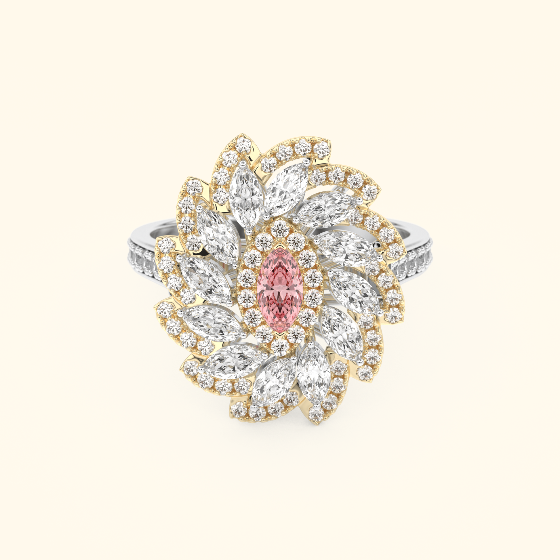 Marquise Moissanite Cluster Engagement Ring – 0.18 CT Center Stone with Pave Band in Solid Gold