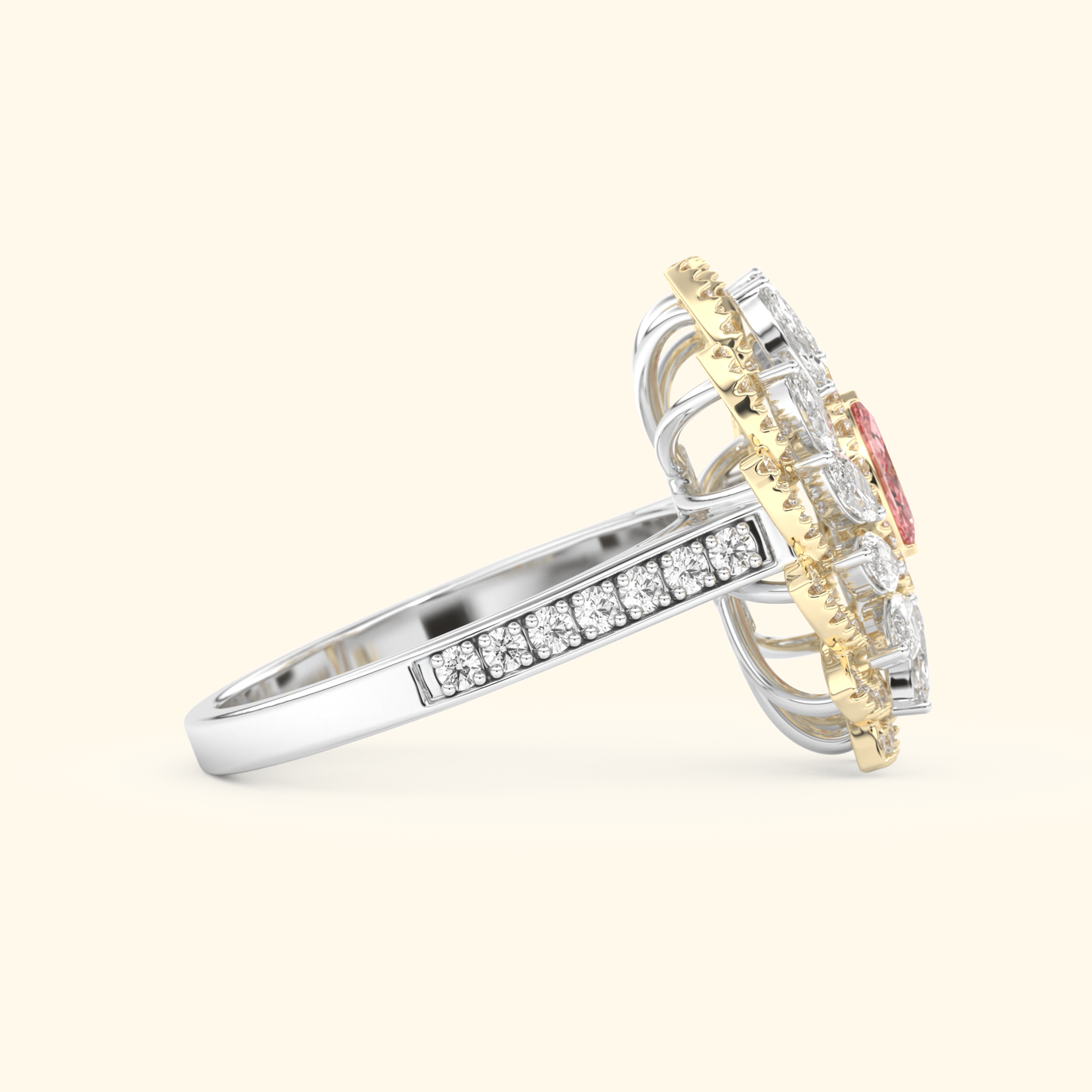 Marquise Moissanite Cluster Engagement Ring – 0.18 CT Center Stone with Pave Band in Solid Gold