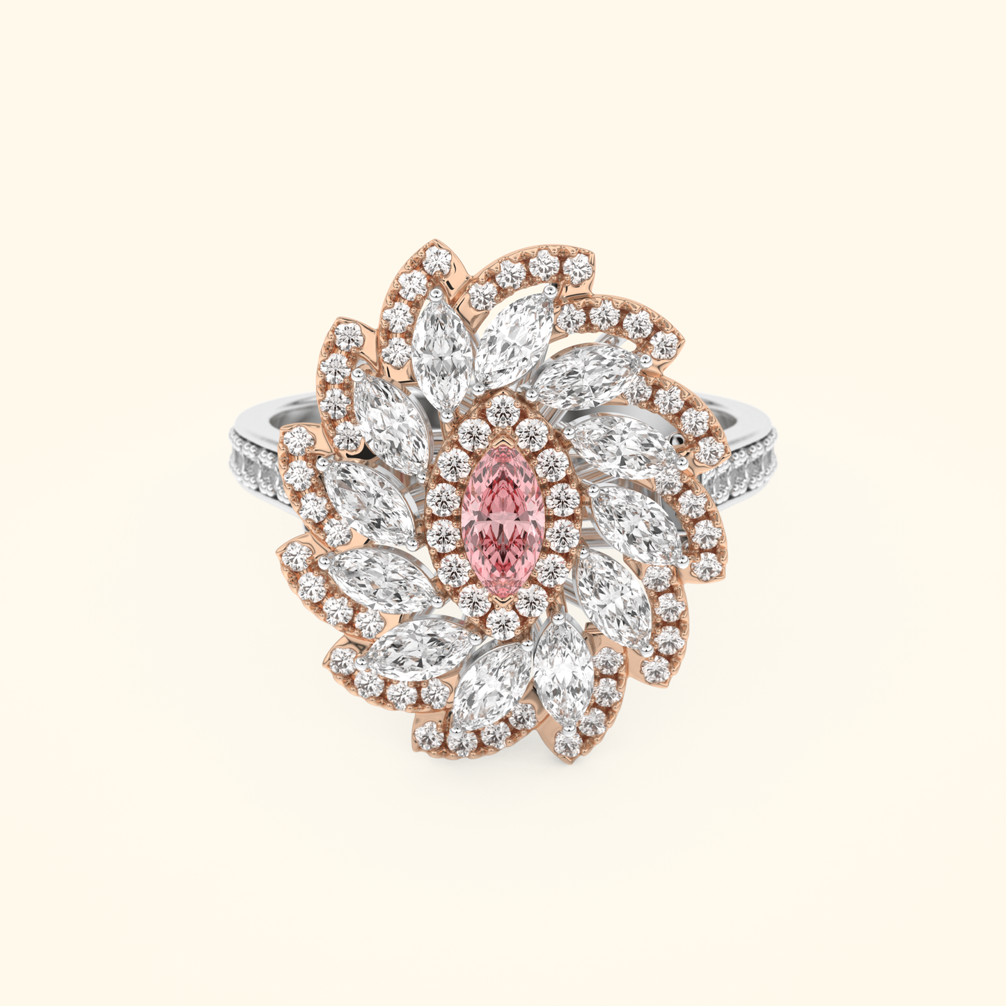 Marquise Moissanite Cluster Engagement Ring – 0.18 CT Center Stone with Pave Band in Solid Gold