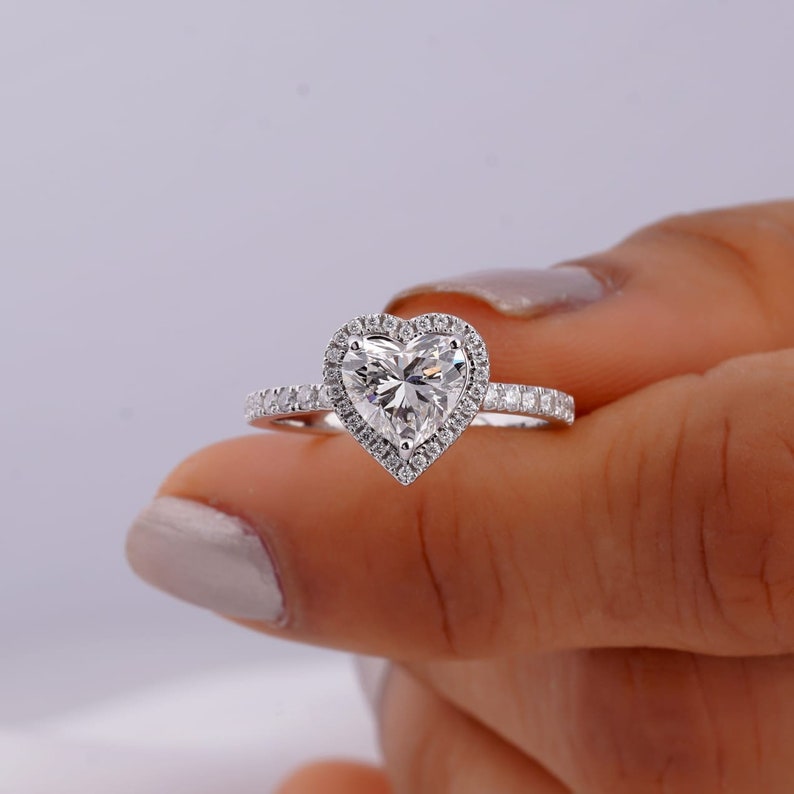 1.5 CT Heart Cut Halo Style Moissanite Engagement Ring