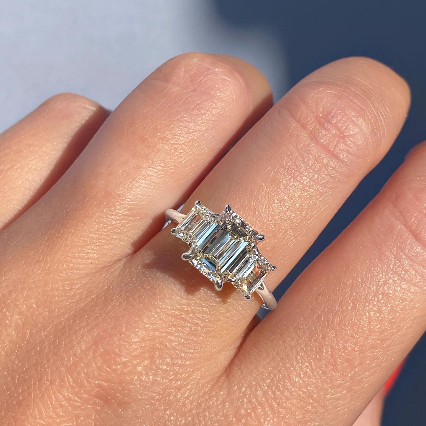 1.91 CT Emerald Cut Three Stone Moissanite Engagement Ring 2