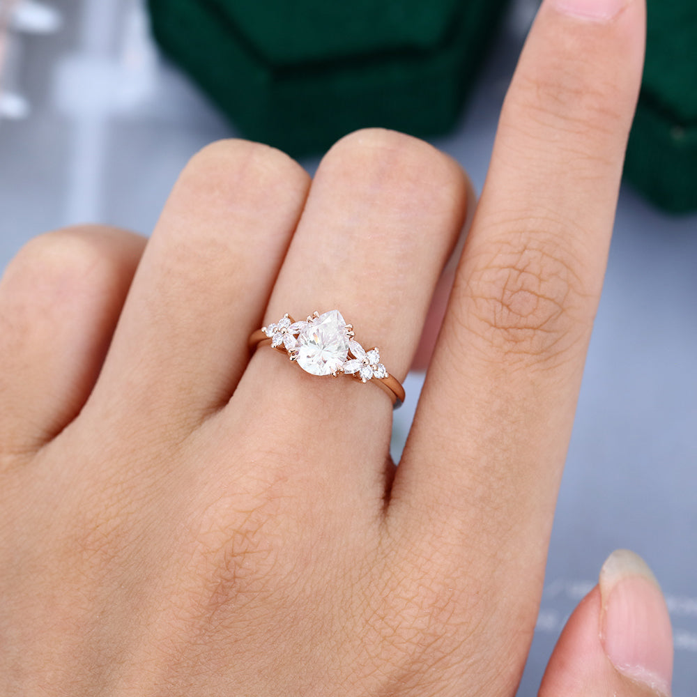 1.0 CT Pear Shaped Moissanite Cluster Engagement Ring 2