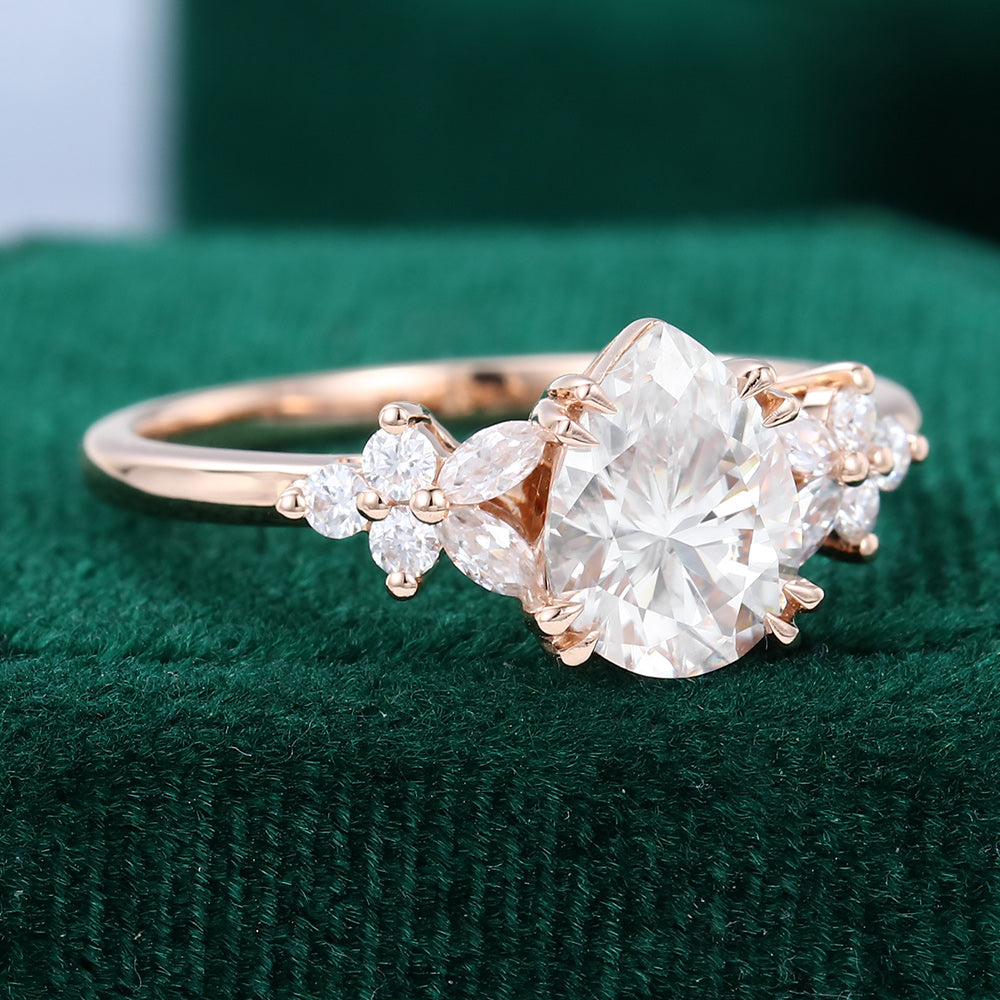 1.0 CT Pear Shaped Moissanite Cluster Engagement Ring 4