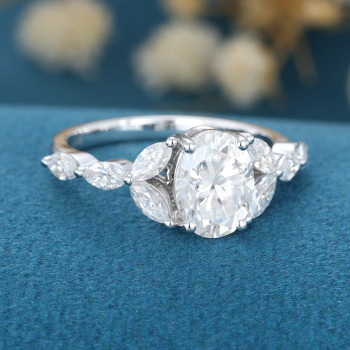 1.33 CT Oval Shaped Moissanite Cluster Engagement Ring 4