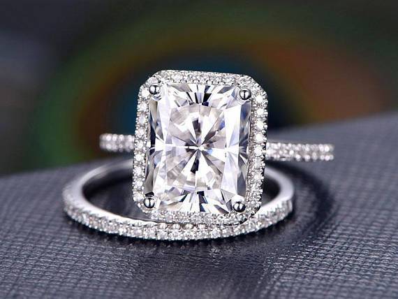 3.0 CT Radiant Cut Halo Style Moissanite Bridal Ring Set 3