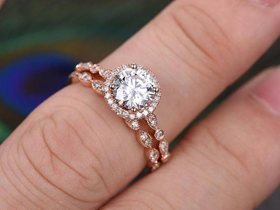 0.75 CT Round Halo Pave Moissanite Bridal Ring Set 3