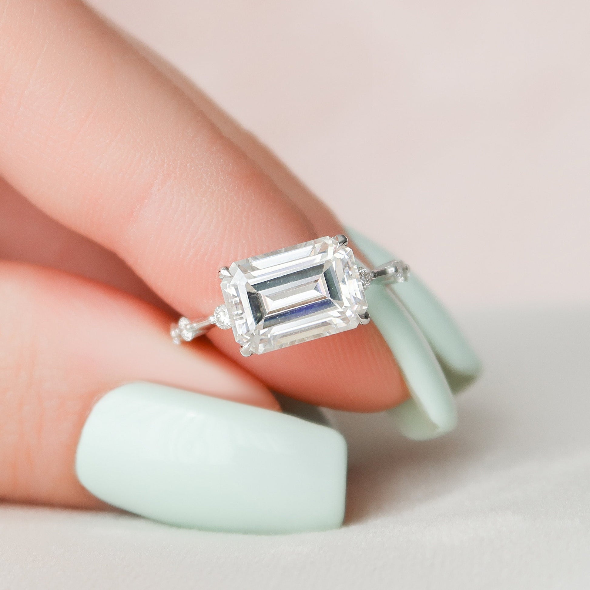 3.0 CT Emerald Cut Solitaire & Dainty Pave Moissanite Engagement Ring 5