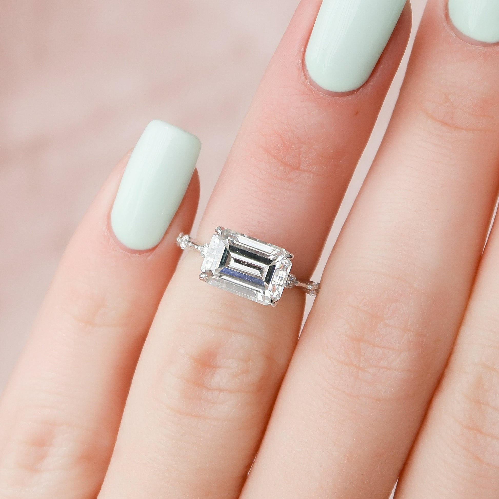 3.0 CT Emerald Cut Solitaire & Dainty Pave Moissanite Engagement Ring 7
