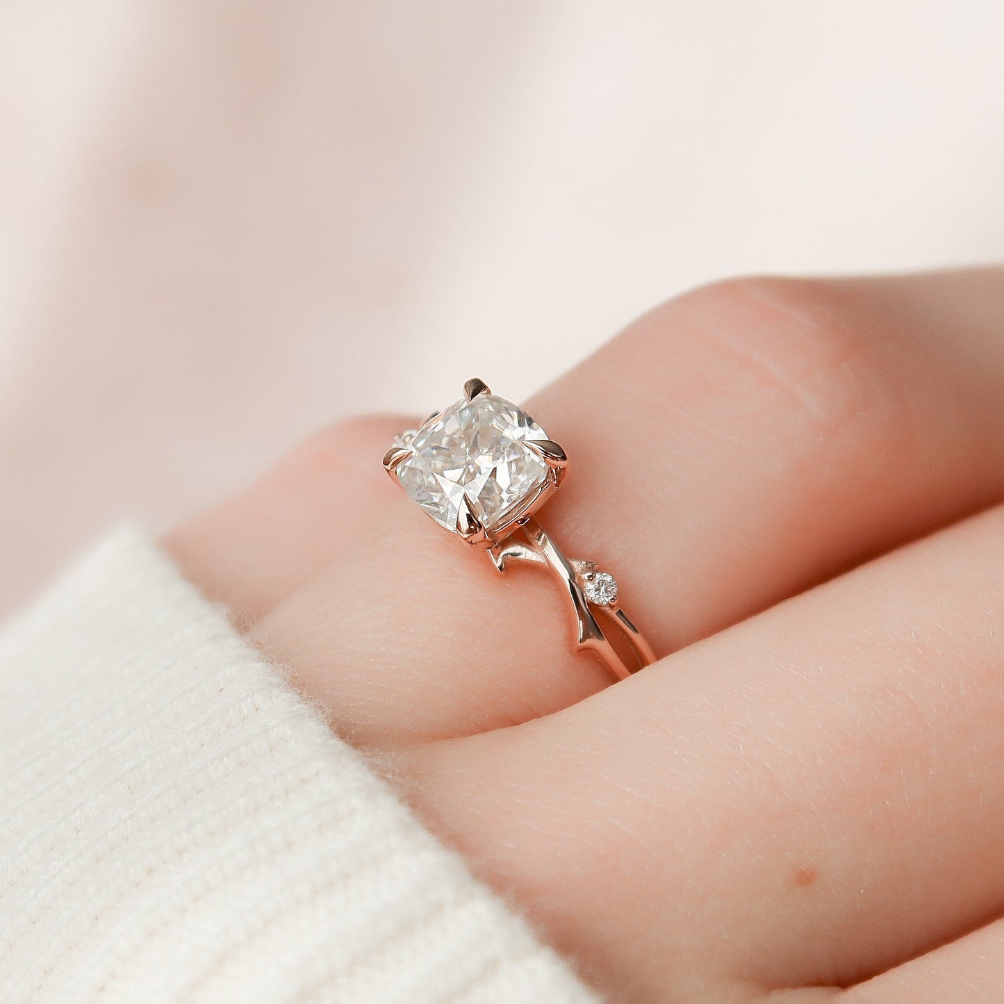 1.50 CT Cushion Twig Style Moissanite Engagement Ring 2