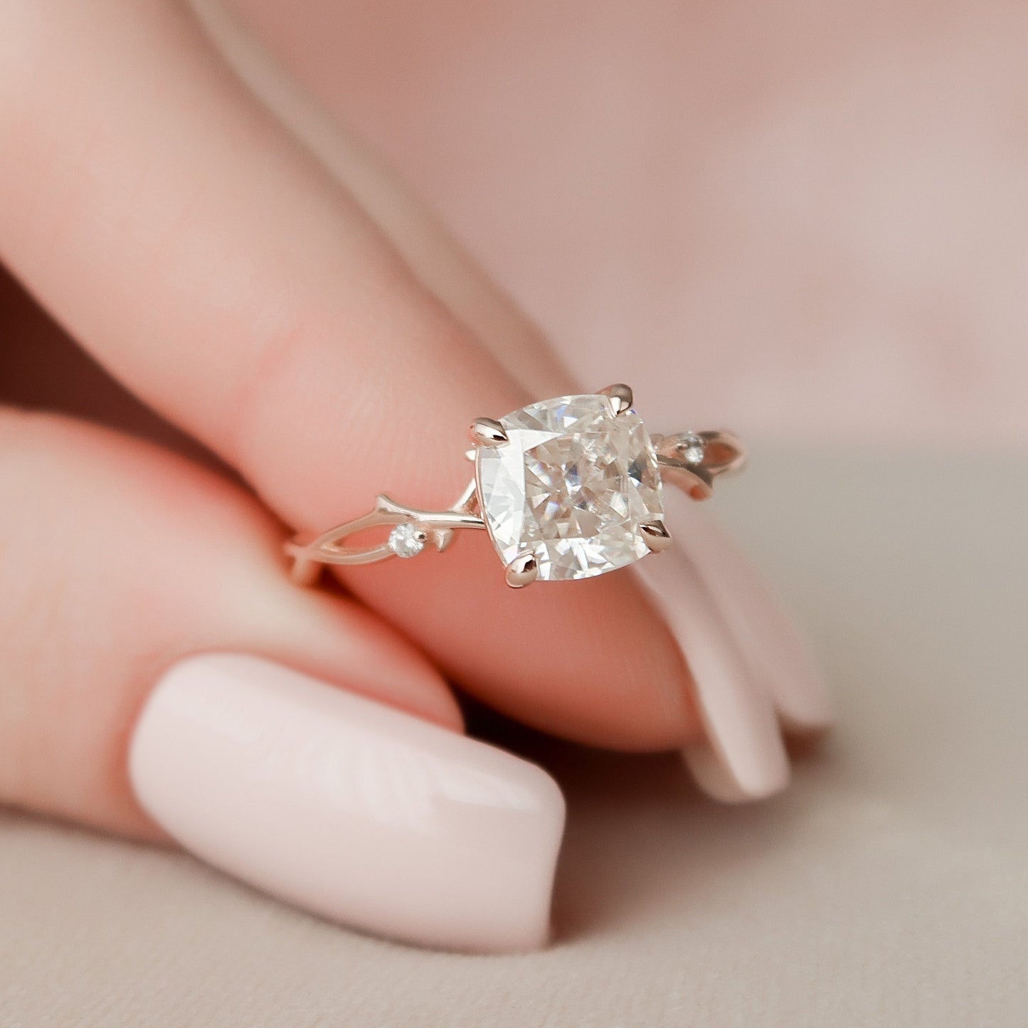 2.0 CT Cushion Twig Style Moissanite Engagement Ring 8