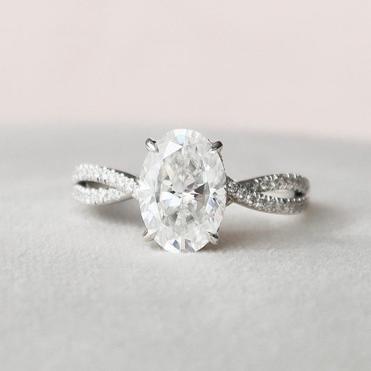 3.0 CT Oval Cut Solitaire & Cross Over Pave Moissanite Engagement Ring 4