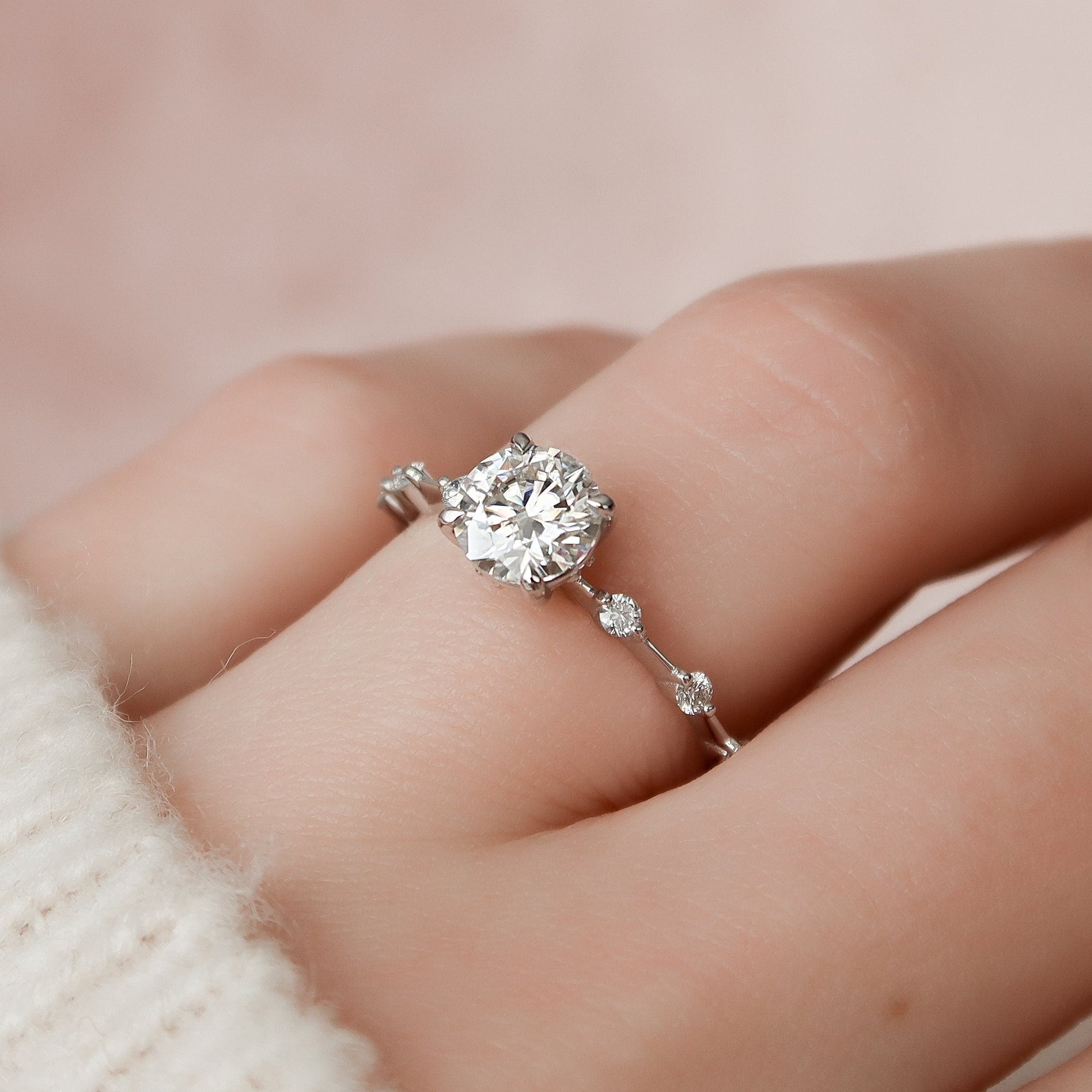 1.0 CT Round Solitaire & Dainty Pave Moissanite Engagement Ring 3